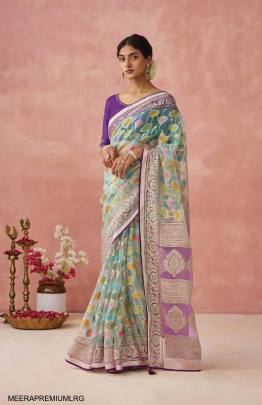 Soft Onyx Brasso Organza Saree in Light Rama Green