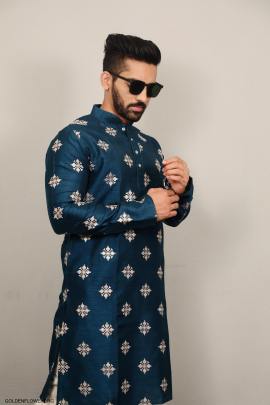 Soft Parbon Silk Kurta For Men in Dark Rama Green