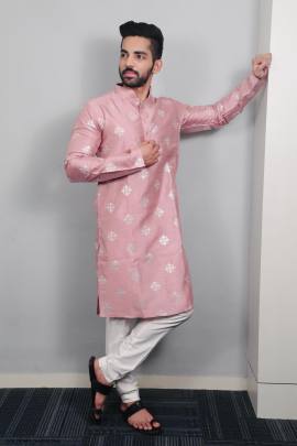 Soft Parbon Silk Kurta For Men in Light Pink