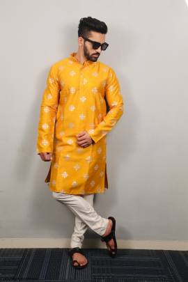 Soft Parbon Silk Kurta For Men in Yellow