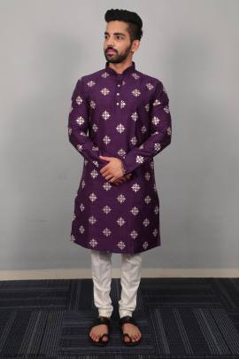 Soft Parbon Silk Kurta For Men in Purple