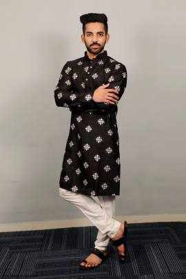 Soft Parbon Silk Kurta For Men in Black