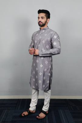 Soft Parbon Silk Kurta For Men in Light Grey