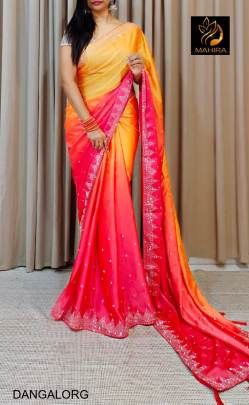 Soft Pure Blooming Black Rangoli Padding Silk Saree in Orange