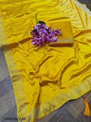 Soft Pure Blooming Black Rangoli Padding Silk Saree in Yellow