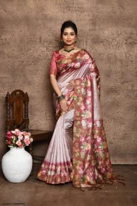 Soft Tussar Silk Saree with all Over Beautiful Print in Light Pink