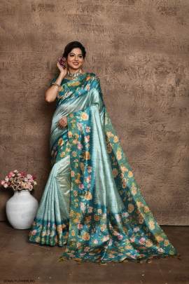 Soft Tussar Silk Saree with all Over Beautiful Print in Light Rama Green