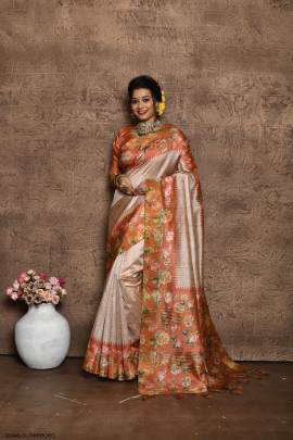 Soft Tussar Silk Saree with all Over Beautiful Print in Orange