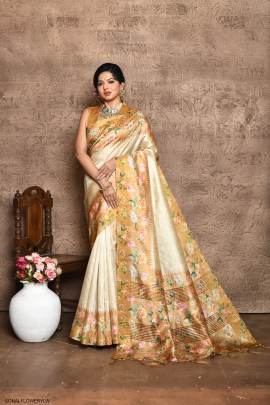 Soft Tussar Silk Saree with all Over Beautiful Print in Yellow