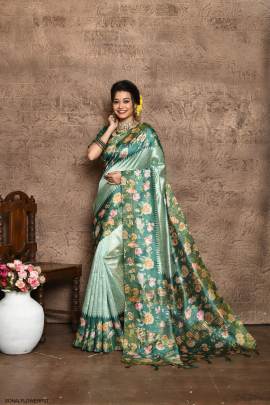 Soft Tussar Silk Saree with all Over Beautiful Print in Pista