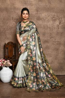 Soft Tussar Silk Saree with all Over Beautiful Print in Beige