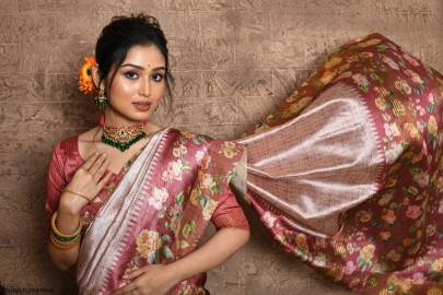 Soft Tussar Silk Saree with all Over Beautiful Print in Light Pink