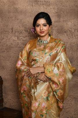 Soft Tussar Silk Saree with all Over Beautiful Print in Yellow