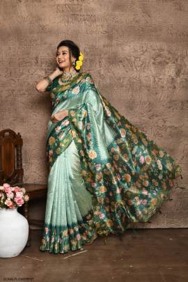 Soft Tussar Silk Saree with all Over Beautiful Print in Pista