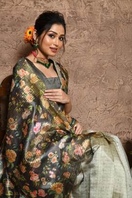 Soft Tussar Silk Saree with all Over Beautiful Print in Beige