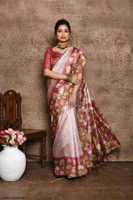 Soft Tussar Silk Saree with all Over Beautiful Print in Light Pink