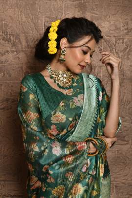 Soft Tussar Silk Saree with all Over Beautiful Print in Pista