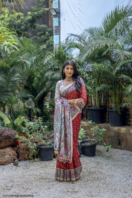 Soft Tussar Silk Saree with Beautiful Madhubani Print on Pallu in Red