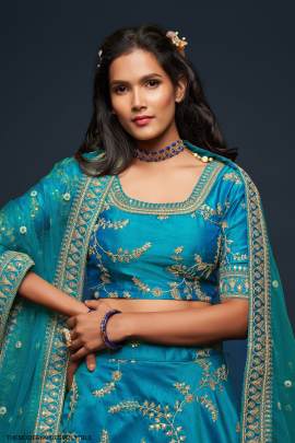 Teal Blue Art Silk Lehenga Choli From The Modern Vibes Vol 1 by Zeel Clothing