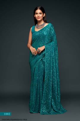 Teal Blue Georgette Multiple Sequence Embroidery The Starlite Sarees Vol 1 By Zeel Clothing