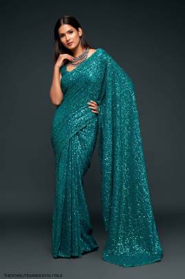 Teal Blue Georgette Multiple Sequence Embroidery The Starlite Sarees Vol 1 By Zeel Clothing