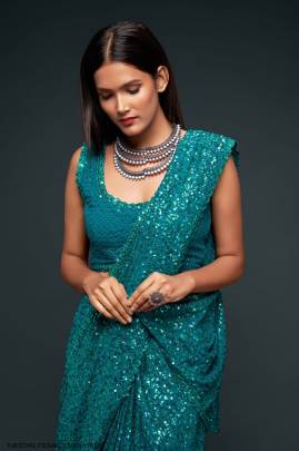 Teal Blue Georgette Multiple Sequence Embroidery The Starlite Sarees Vol 1 By Zeel Clothing