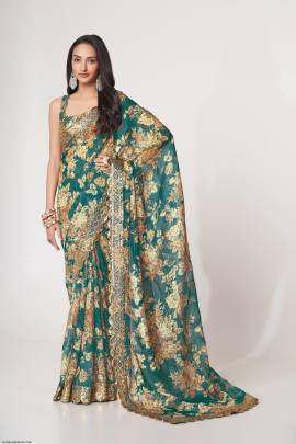 Teal Blue Organza Floral Sarees Vol 1 by Zeel Clothing