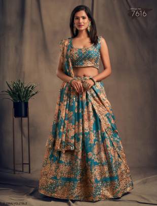 Teal Blue Organza Lehenga Choli From Floral Vol 2 by Zeel Clothing