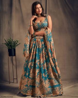 Teal Blue Organza Lehenga Choli From Floral Vol 2 by Zeel Clothing