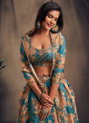 Teal Blue Organza Lehenga Choli From Floral Vol 2 by Zeel Clothing