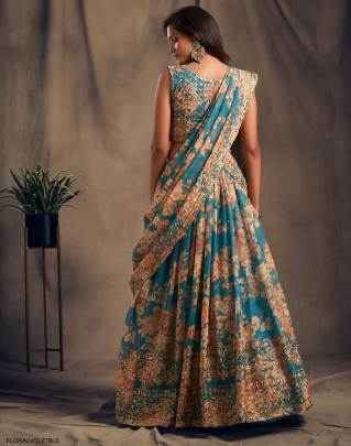 Teal Blue Organza Lehenga Choli From Floral Vol 2 by Zeel Clothing