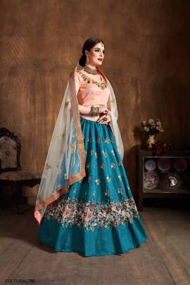 Teal Blue Raw Silk Lehenga Choli From Cultural by Zee Clothing