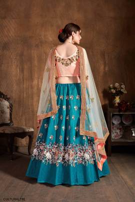 Teal Blue Raw Silk Lehenga Choli From Cultural by Zee Clothing