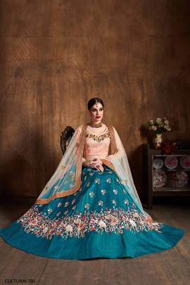 Teal Blue Raw Silk Lehenga Choli From Cultural by Zee Clothing