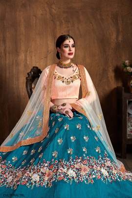 Teal Blue Raw Silk Lehenga Choli From Cultural by Zee Clothing