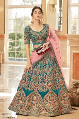 Teal Velvet Lehenga Choli From Cultural Vol 3 by Zeel Clothing