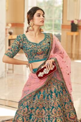 Teal Velvet Lehenga Choli From Cultural Vol 3 by Zeel Clothing