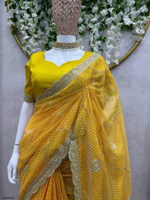 Tibby Silk Fabric with Digital Print Saree in Yellow