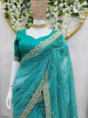 Tibby Silk Fabric with Digital Print Saree in Light Rama Green