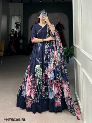 Tussar Silk Floral Print Gown in  Navy Blue