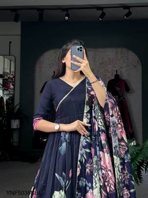 Tussar Silk Floral Print Gown in  Navy Blue