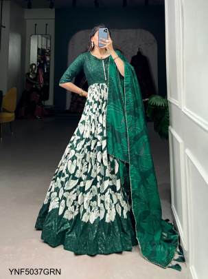 Tussar Silk Printed Gown in Green