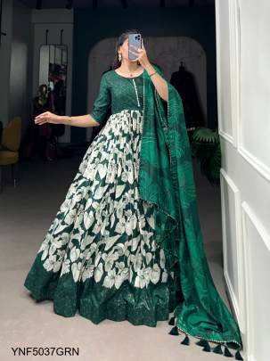 Tussar Silk Printed Gown in Green