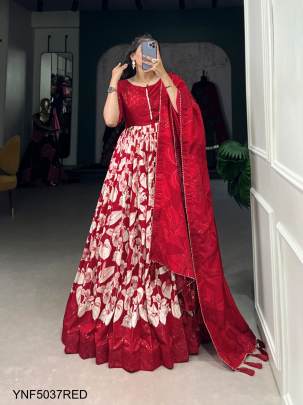 Tussar Silk Printed Gown in Red