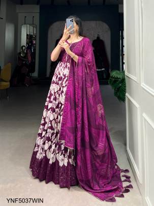 Tussar Silk Printed Gown in Wine