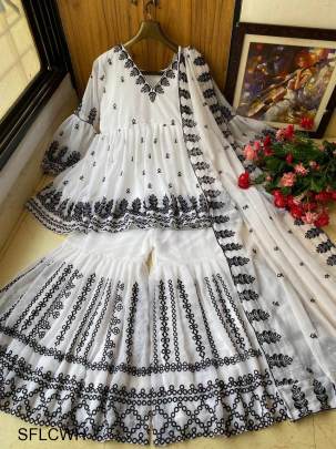 White Heavy Georgette Top With Beautiful Fully Embroidered Heavy Georgette Sharara