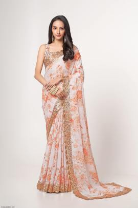 White Organza Floral Sarees Vol 1 by Zeel Clothing