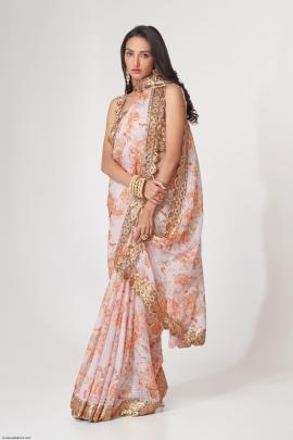 White Organza Floral Sarees Vol 1 by Zeel Clothing