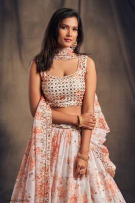 White Organza Lehenga Choli From Floral Vol 2 by Zeel Clothing