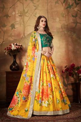 Yellow and Green Organza Lehenga Choli From Floral Vol 1 by Zeel Clothing